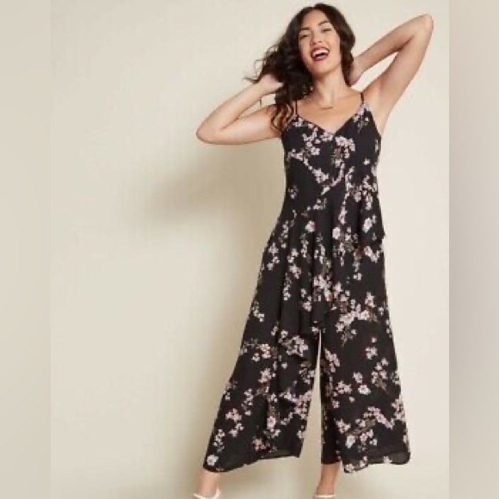 NWT Band of Gypsies Black Floral Wrap Top Wide Leg Jumpsuit